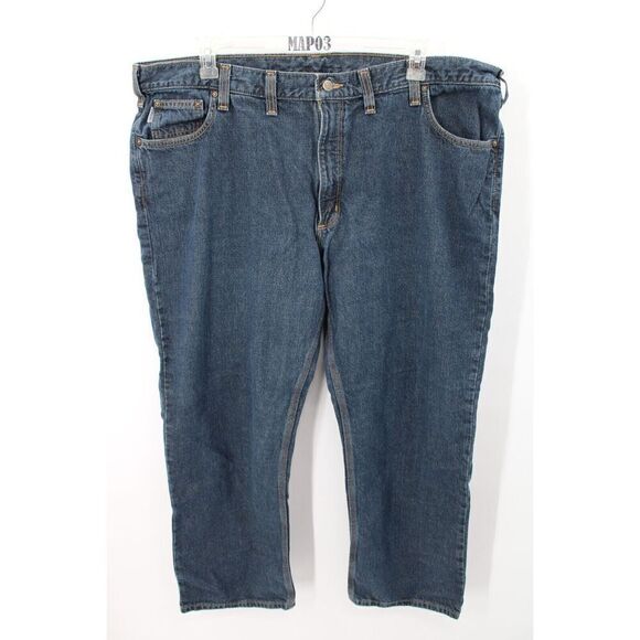 Carhartt 44x32 Mens Blue Denim 5-Pocket Relaxed Fit Dark Wash Jeans 100603 - Picture 1 of 8